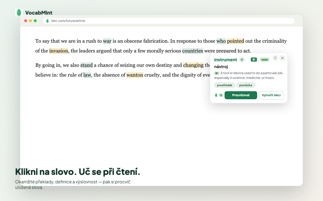 Překladové okno VocabMint na webové stránce