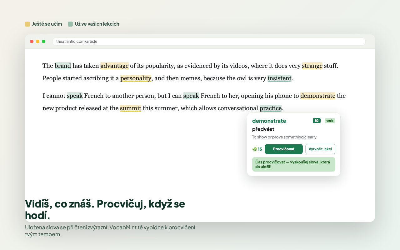Zvýrazněná slova a připomínka procvičování